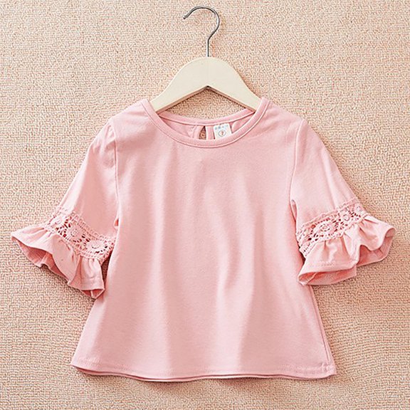 DAETIROS Girls Fashion T Shirt, Short Sleeve Soft Cotton Cute Ruffle Solid Comfy Crewneck Girls Summer Top Pink Size 1-6
