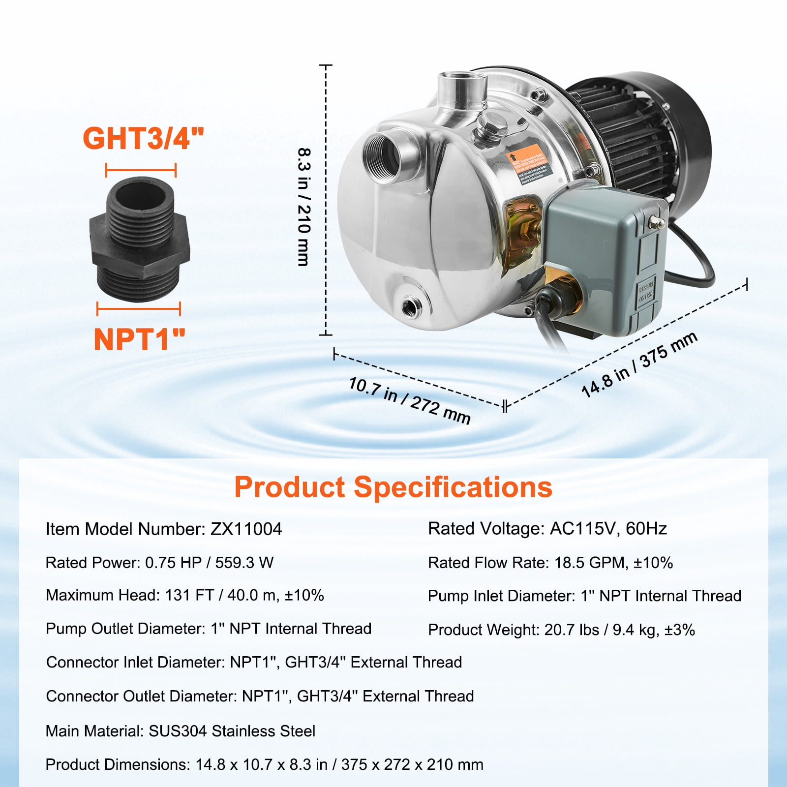KFFKFF Shallow Well Jet Water Pump 3/4HP 18.5 GPM Irrigation 131 FT Head SUS304