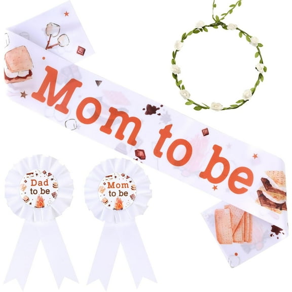 Camping Baby Shower Decorations, Smores Decorations Mom to Be Maternity Sash Mom Dad to Be Button Tinplate Badge Pin Flower Crown Headband for Smores Campfire Gender Reveal Party