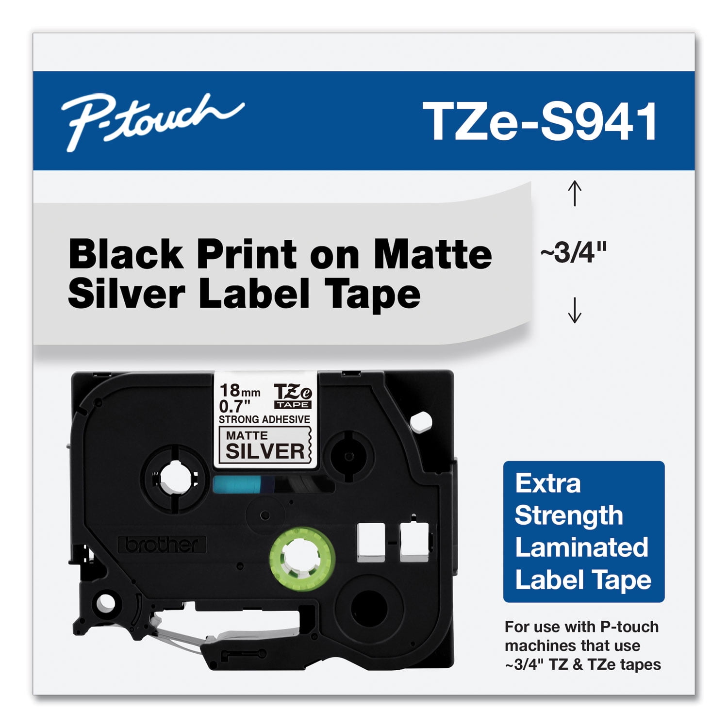 Brother Genuine P-touch TZE-S941 Tape, 3/4" (0.7") Wide Extra-Strength Adhesive Laminated Label Maker Tape, Black on Matte Silver, 0.7 in. x 26.2 ft. (18mm x 8M), TZES941