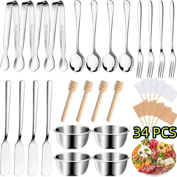 34-Piece Cheese & Charcuterie Board Serving Set - Knives, Tongs, Spoons, Forks & Bowls