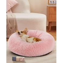 Calming Donut Dog Bed Pillow for Small Medium Pets, Machine Washable Removable Cover, Comfort Plush Fluffy Faux Fur with Anti-Slip Bottom, Cats-Friendly Round Cuddly Design, Pink, 23 inches