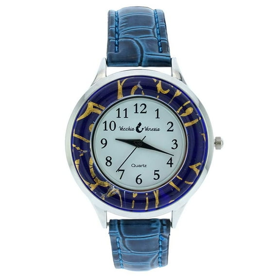 GlassOfVenice Gold Leaf Murano Glass Watch With Leather Band - Blue