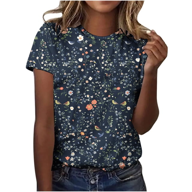 Pisexur Hauts d'Été pour Femmes, Blouses Habillées Décontractées pour Femmes, Hauts à la Mode pour Femmes, Chandail Décontracté Imprimé à Manches Courtes Col Rond, Grande Taille pour Femmes Multicolore, L