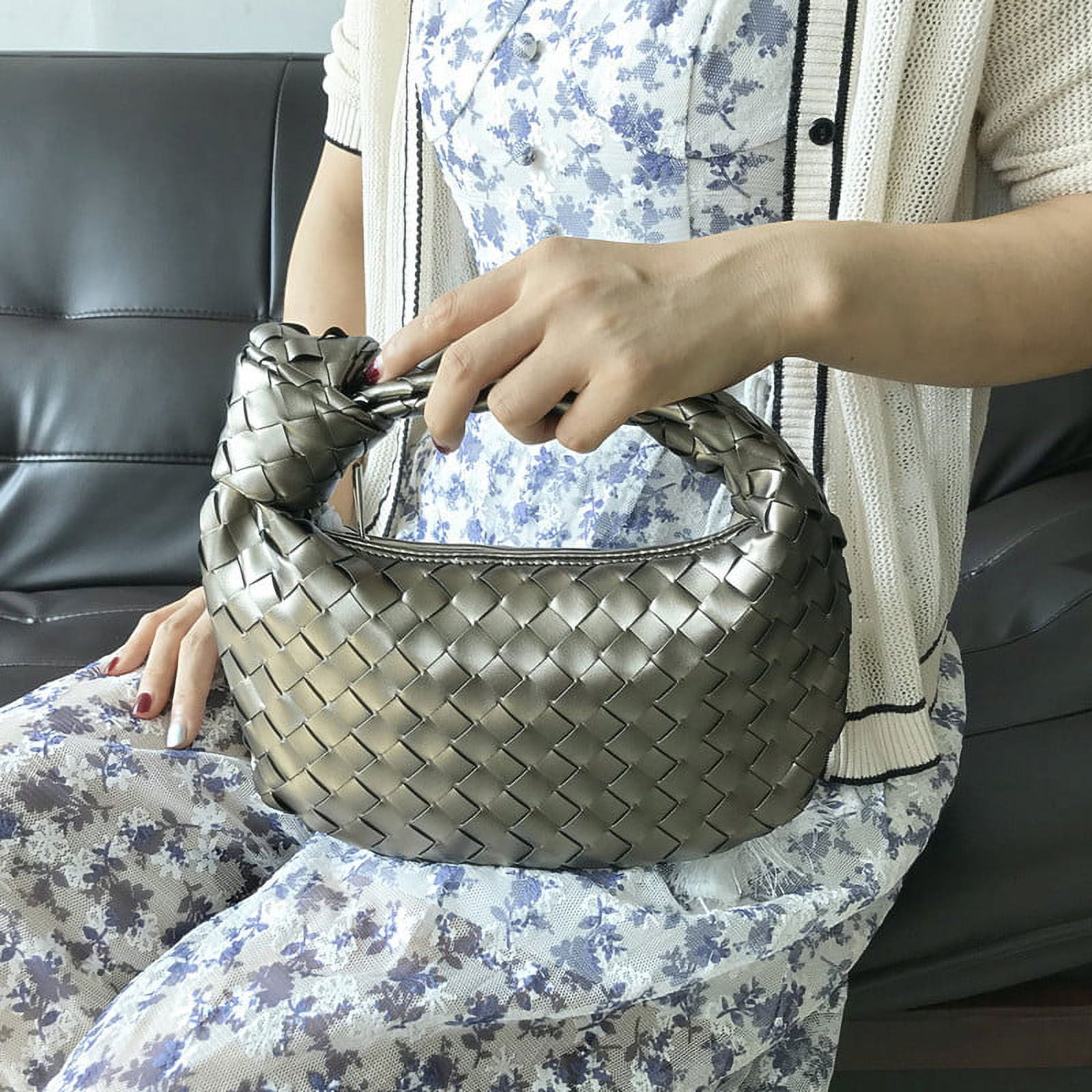 Gomayee Knoted Woven Handbag for Women Fashion Designer Ladies Hobo Bag Bucket Purse Faux Leather.Bronze
