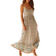 thumbnail image 1 of Vestido con estampado floral y cuello en V para mujer Vestido elegante con tirantes finos y cintura elástica a media pierna para citas Beige L, 1 of 6