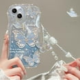thumbnail image 3 of for iPhone 15 Glitter Butterfly Case for Women, Cute Curly Wave Frame Gradient Bling Sparkle with Lovely Wrist Strap Chain Soft TPU Shockproof Clear Girls Case for iPhone 15 6.1 inch (Blue), 3 of 4