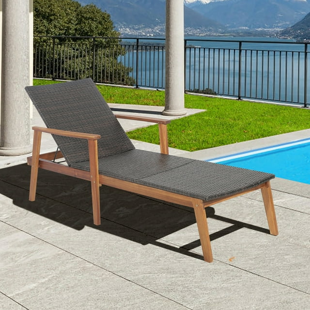 Costway Chaise Longue Inclinable de Patio en Rotin, Dossier Réglable, Bois d'Acacia, Jardin