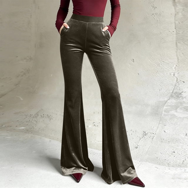 Pincandy Women's Solid Color Velour Pants - Elastic Waist, Loose Flared Wide Leg Fit with Pockets, Comfortable for Loungewear & Casual Activities
