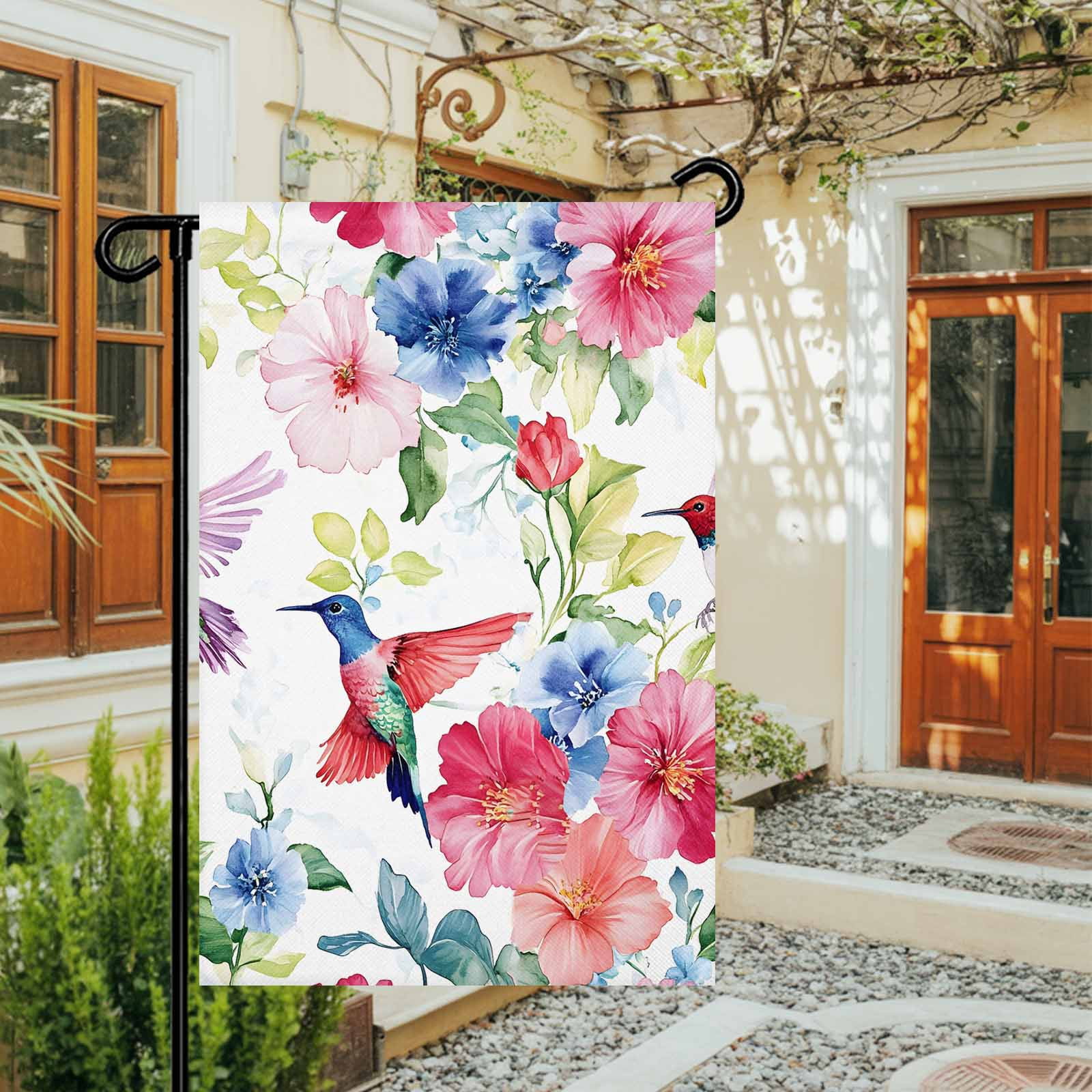 Garden Flag Double-Side Printed House Flag Hummingbird Yard Flag Watercolor Bird Flower Welcome Banner Decor Outdoor Holiday Decorations 28*40in