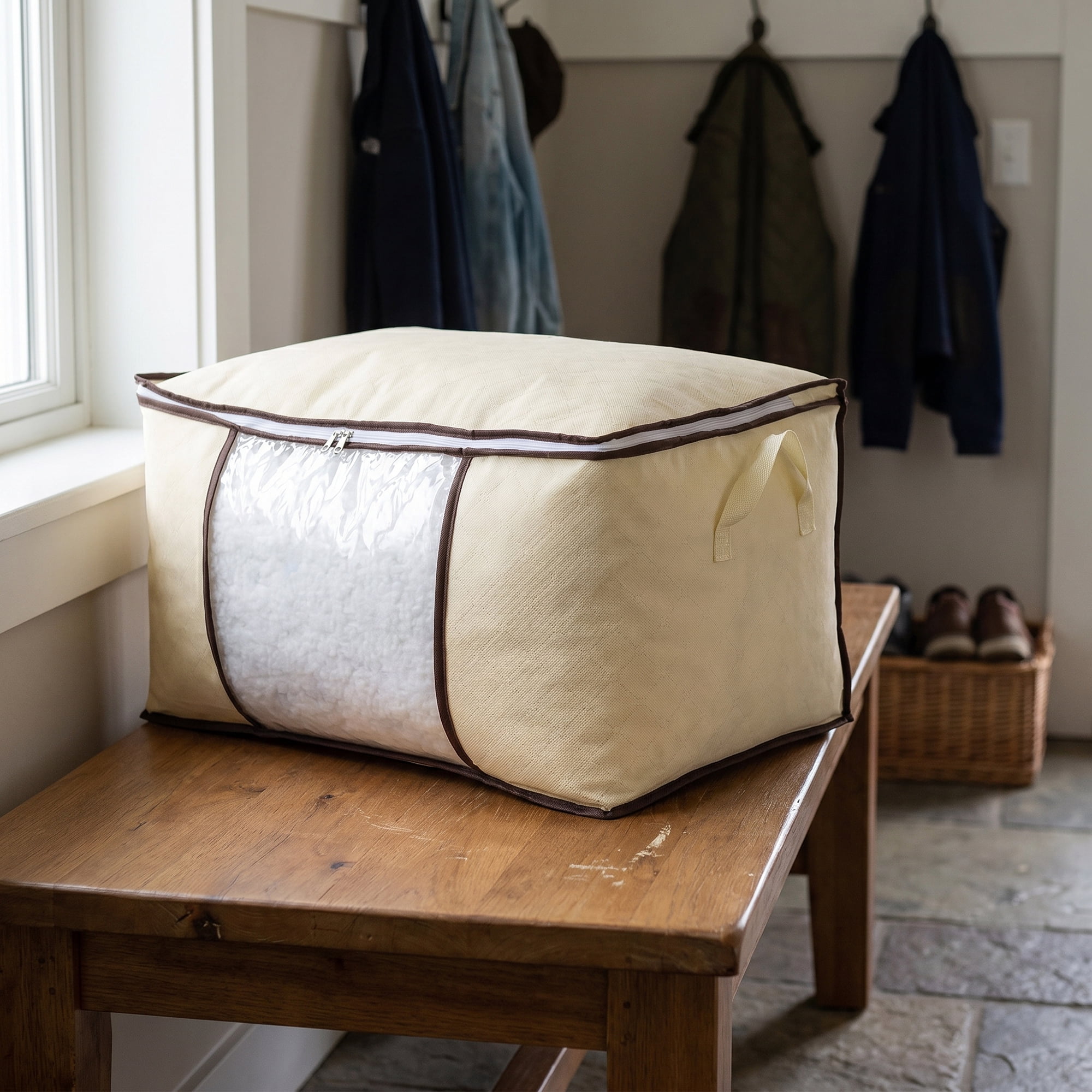 Unique Bargains Moistureproof Storage Sack Portable Side Carry Bag Beige 23.6"x15.7"x13.8"
