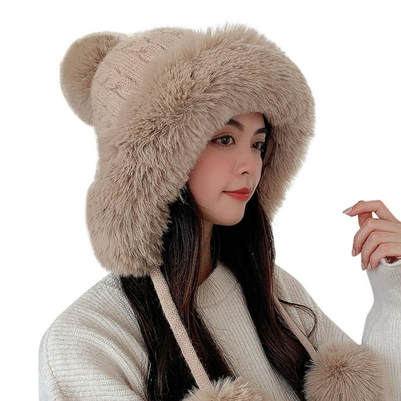 YOUSNH Ladies Winter Knitted Wool Cap Three Ball Pullover Cap Warm Ear Protection Hat Womens Hats Khaki One Size