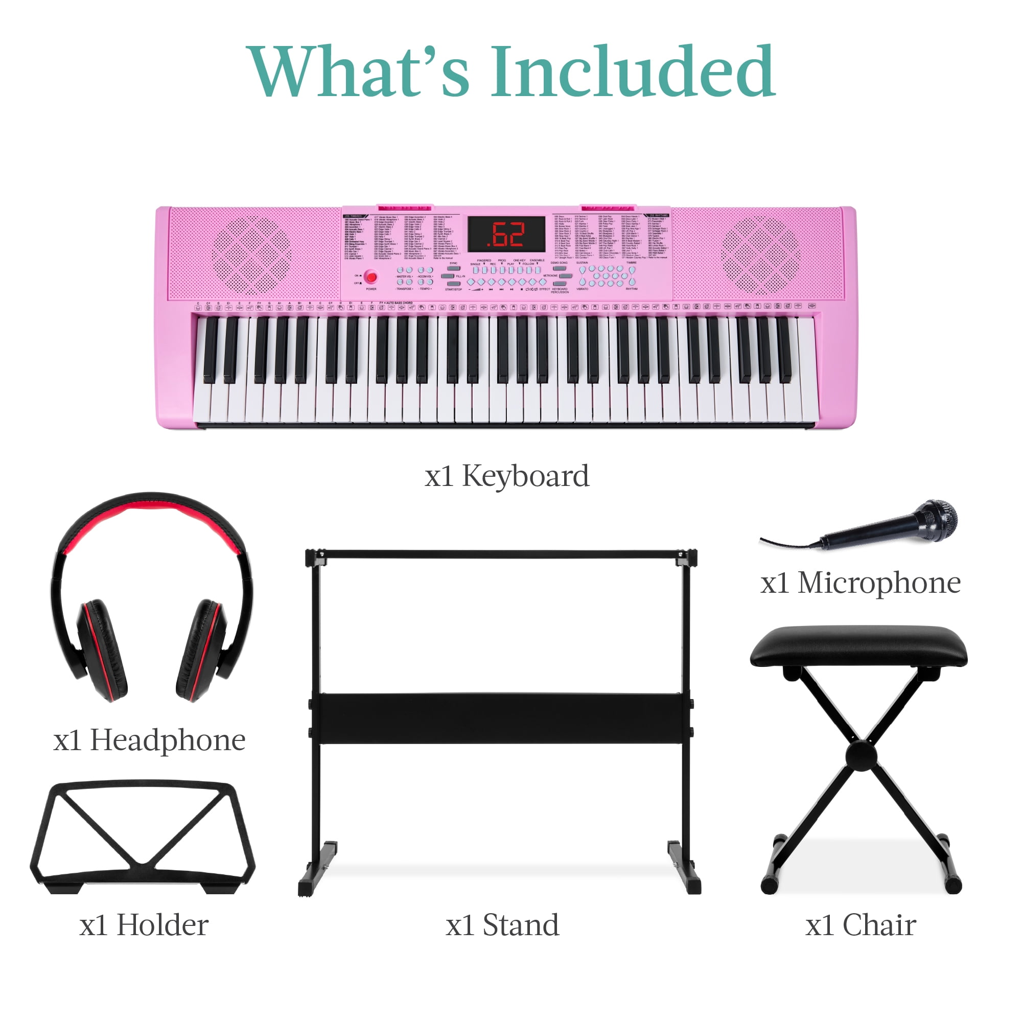 Best Choice Products 61-Key Beginners Electronic Keyboard Piano Set w/ LED, 3 Teaching Modes, H-Stand, Stool - Pink