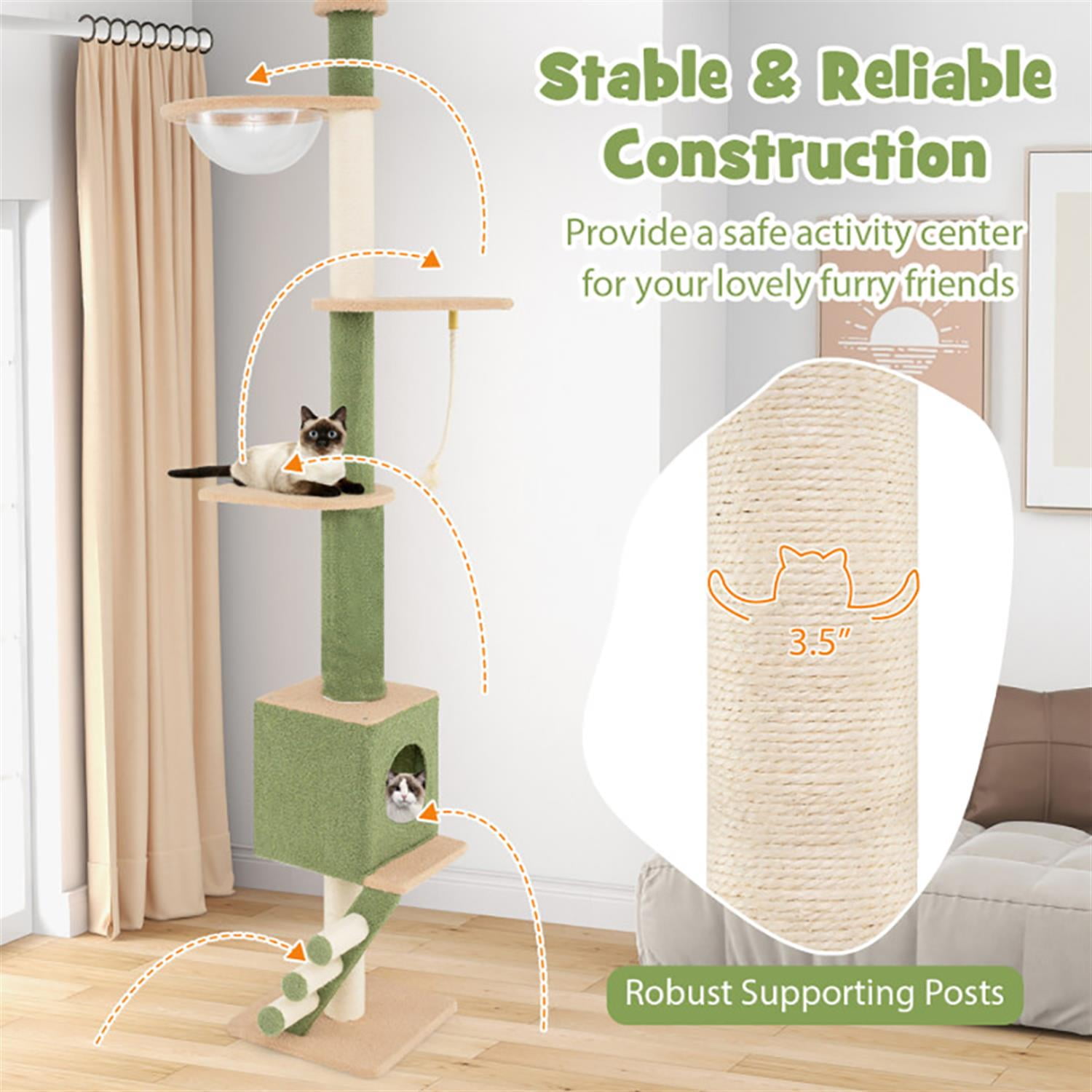 resenkos Modern Floor to Ceiling Cat Tree with 86-99.5 Inch Adjustable Height, Cat Tower Condo for Indoor Cats with Cozy Condos and Extra Post, Green