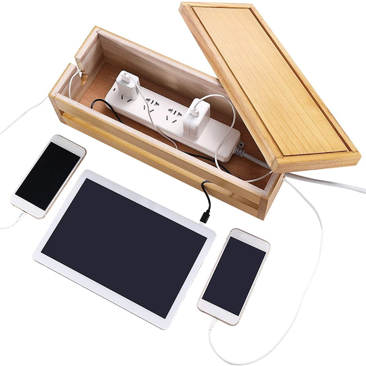 2 Pcs Cable Management Box Wooden Cord Organizer Box for Extension Cord Power-Wood Color & Coffee Color