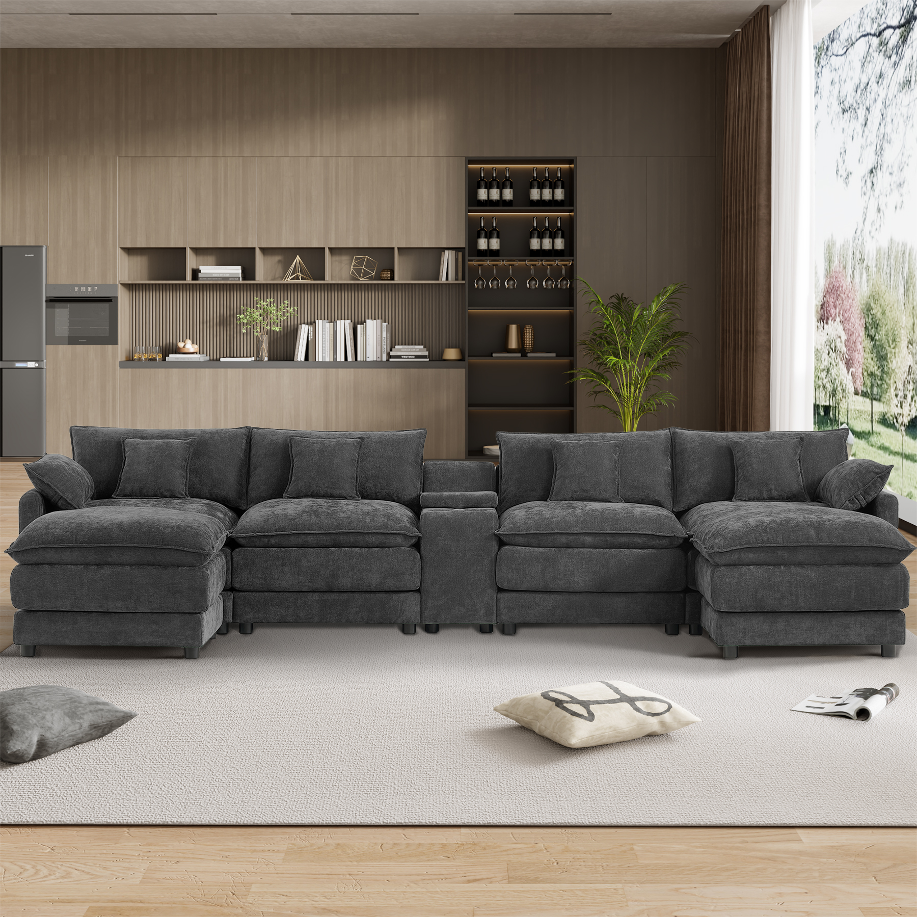 Wiilayok 145" U Shaped Sectional Sofa,Chenille Cloud Modular Sectional Sofa Couch Set with Double Chaise,Central Console,Cup Holder for Living Room,Black