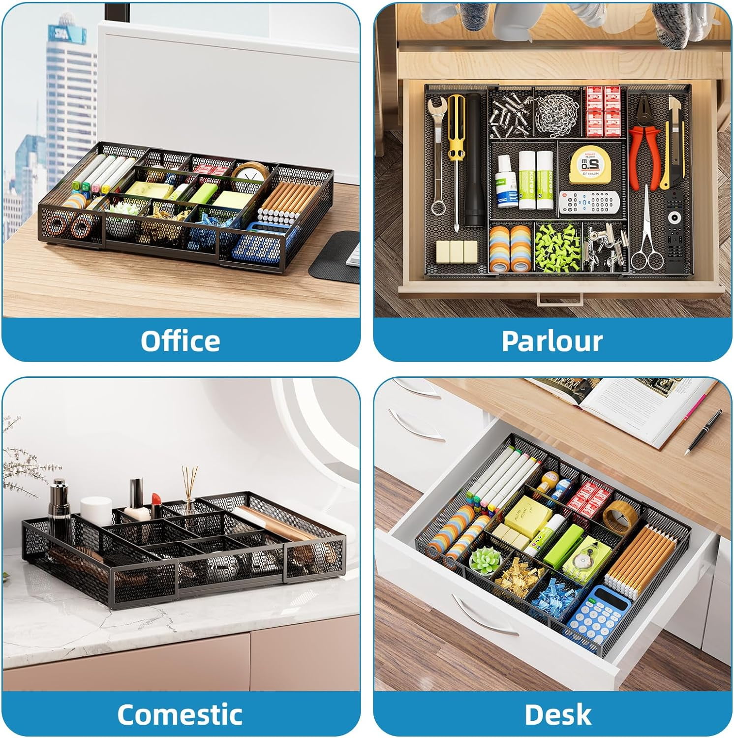 Expandable Desk Drawer Organizer, Mesh Drawer Organizer Tray with 10 Adjustable Compartments, Desk Organizers and Accessories for Office Supplies, Makeup & Vanity (Expandable Black-2 pack)