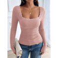 thumbnail image 6 of Womens Long Sleeve Shirts Square Neck Ribbed Knit Crop Tops Fall Outfits Fashion Clothes Lotus Root Pink L, 6 of 9