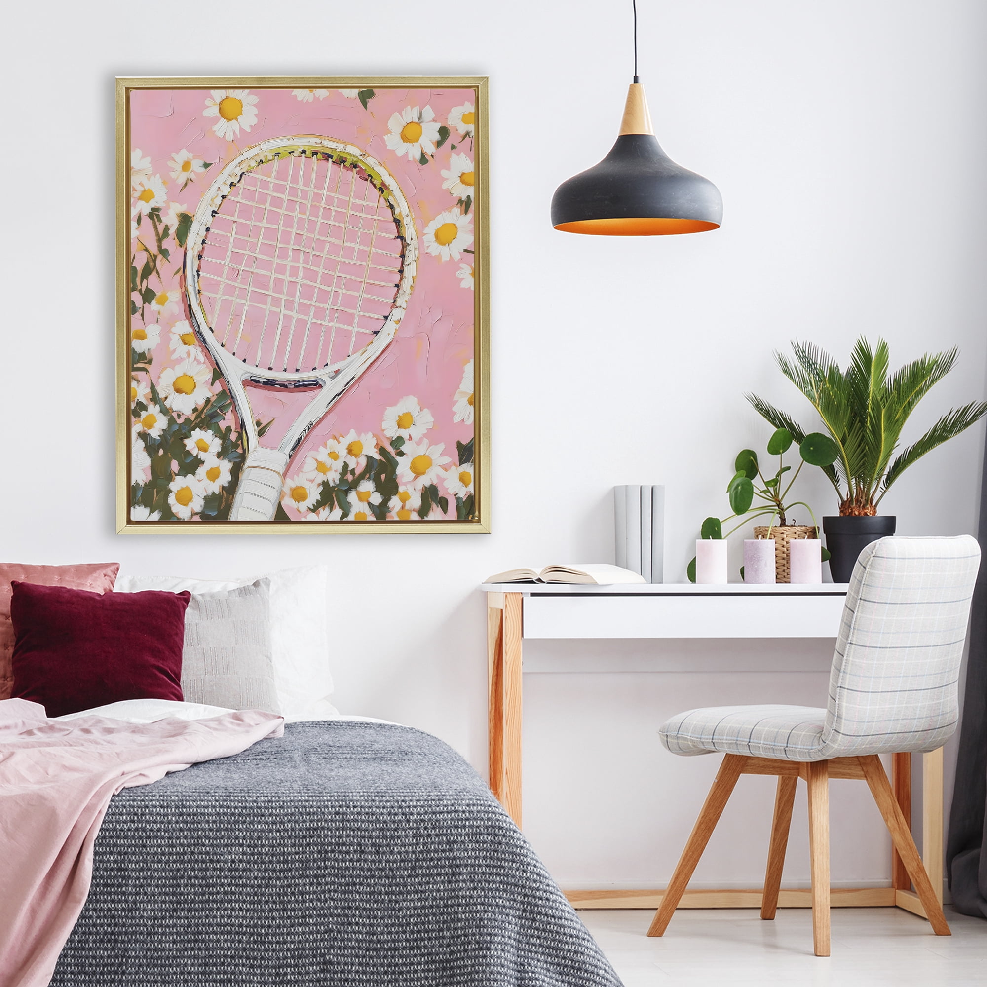 Stupell Industries Pink Tennis Racket & Daisies Gold Framed Floater Canvas Wall Art, design by LSR Design Studio