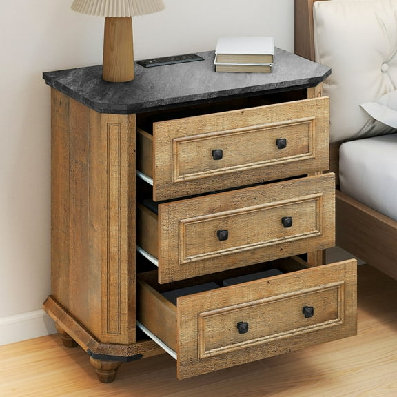 Craftian Rustic Bedside End Table with Power Outlets & 3 Drawers, Brown