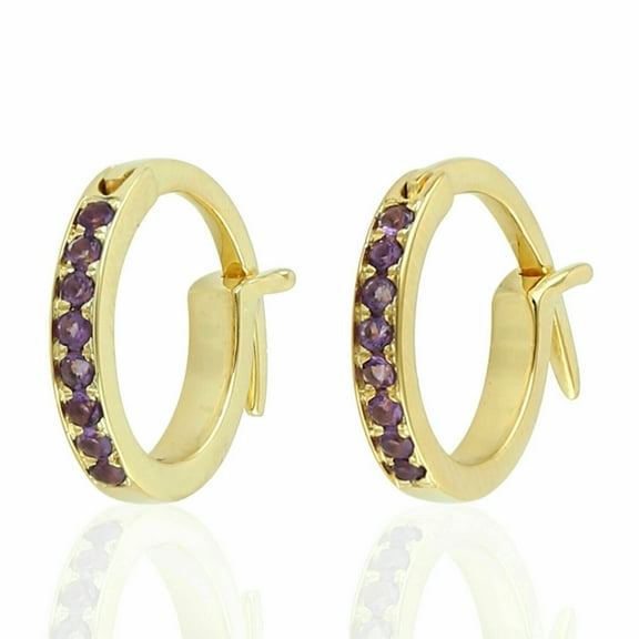 Classy Studded Amethyst Hoop Earrings 14k Yellow Gold Huggie Earrings