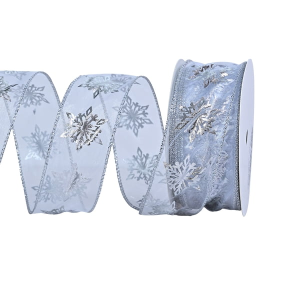 Glitter Wired Sheer Christmas Ribbon - 1.5In 10Yd Snowflake Design for Floral, Craft, Christmas Tree Decorations, Wreaths, Gift Wrapping