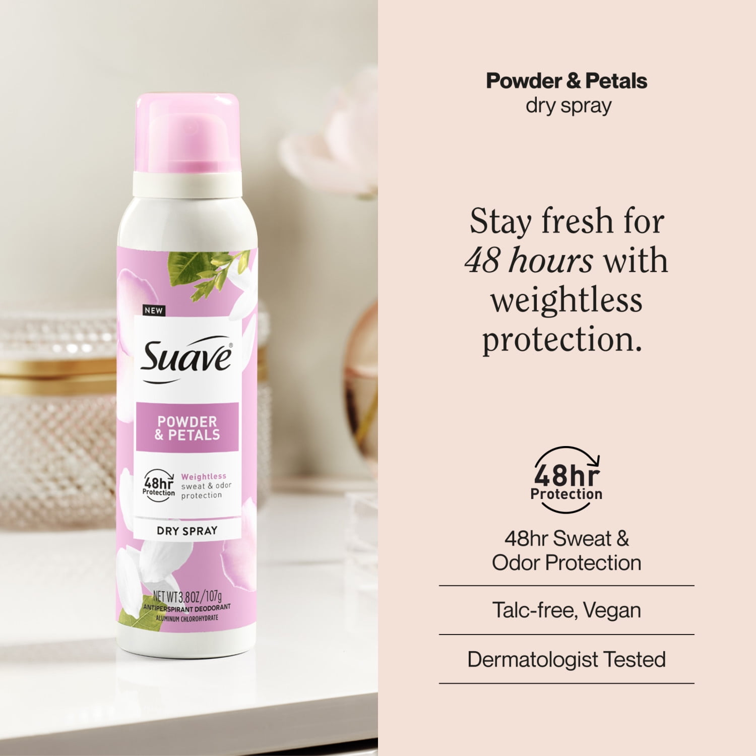 Suave Powder & Petals Dry Spray Antiperspirant Deodorant, 48HR Invisible Protection, 3.8 OZ