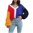 thumbnail image 1 of Pompotops And Winter Women's Patchwork Color Button V-Neck Long Sleeve Top Blouse Clearance, 1 of 6