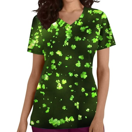 

Fashion Shirts for Womens Holiday Scrub Tops St. Patrick s Day Print Short Sleeve V Neck Tees Nursing Working Uniform