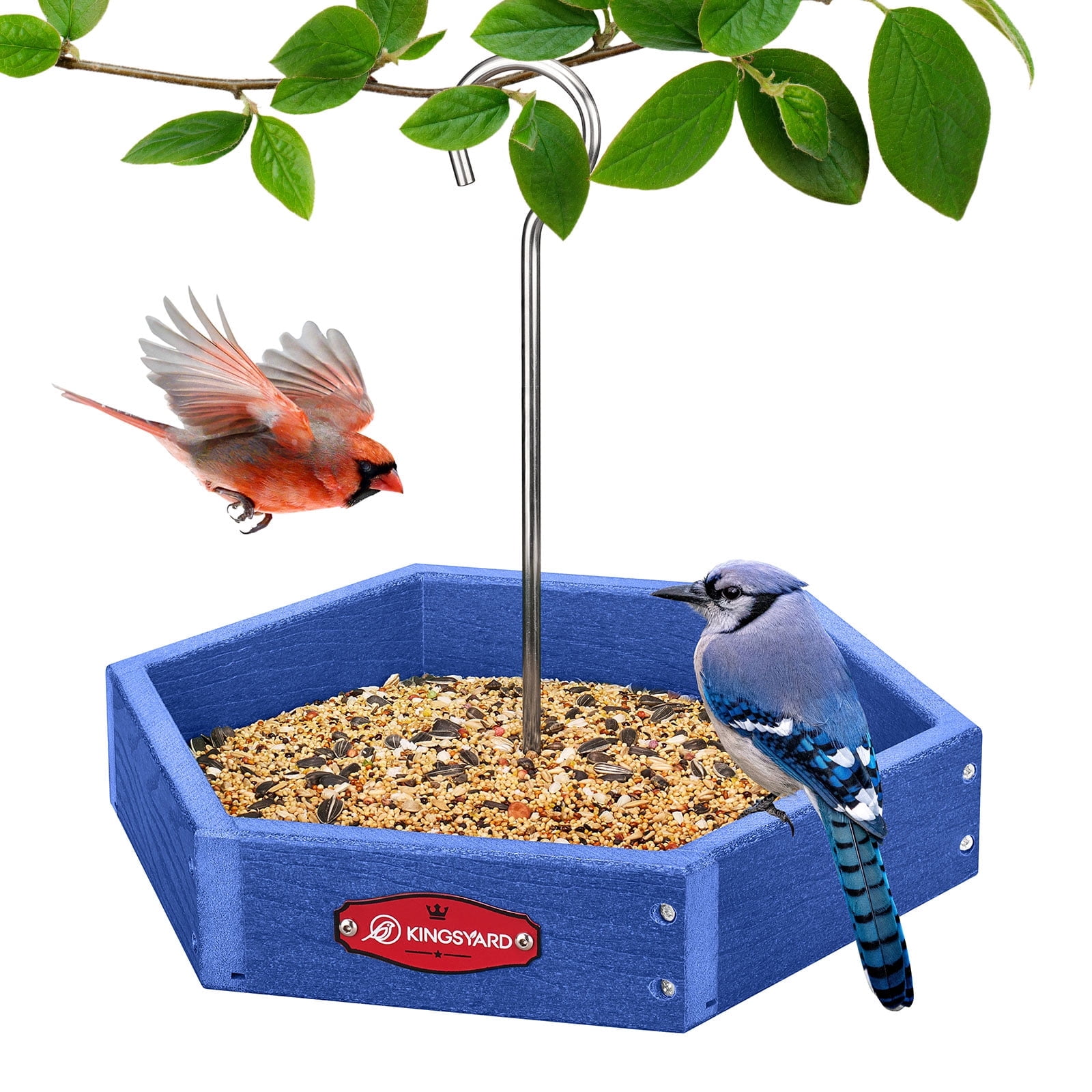 Kingsyard Large Hanging Platform Bird Feeder Weatherproof Durable, Recycled Plastic Tray with Metal Mesh, Easy Clean Outdoor Feeder for Cardinals Bluebirds Wild Birds, Blue