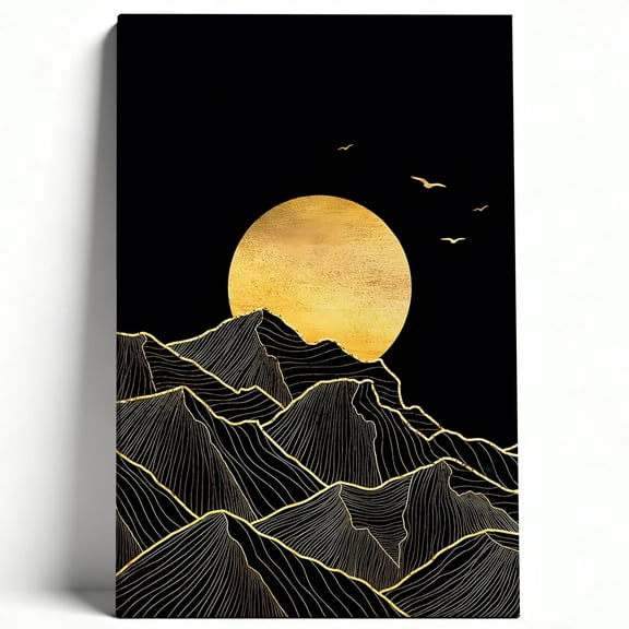Premium Framed Canvas Wall Art - Golden Moon Over Mountain Landscape, Luxurious Black And Gold Nature Decor For Living Room Bedroom Office, Easy To Hang, High-Definition Print 8*12inch(20*30cm)