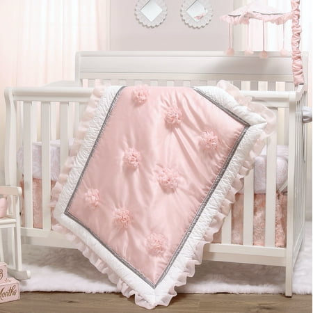UPC: 0841297122514 | The Peanutshell Pink Floral Embroidered 3 Piece Nursery Crib Bedding Set