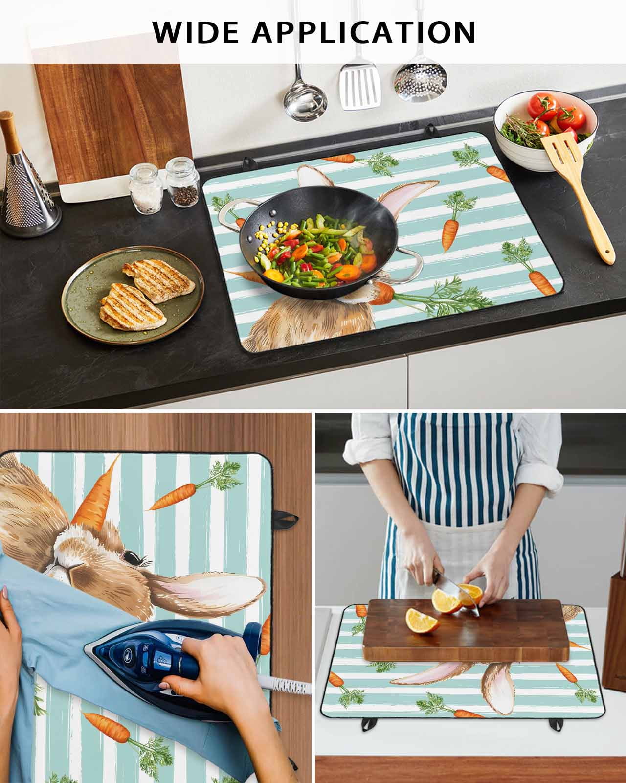 Large Induction Cooktop Protector Mat Easter Bunny Stove Top Covers for Electric Stove, Spring Rabbits Carrots Turquoise Stripes Decorative Stove Burner Cover Mats, Glass Top Stove Cover