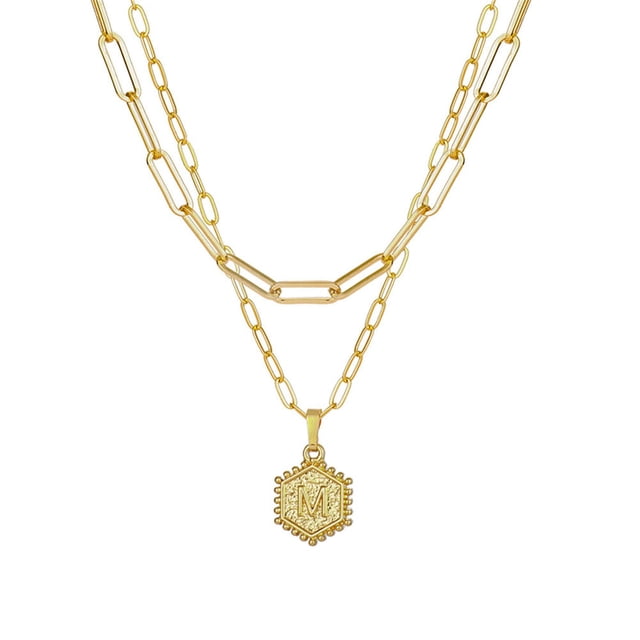 Fiudx Collar Chapado En Oro, Elegante Colgante con Inicial En Capas, Cadena con Diseño Hexagonal, Longitudes Ajustables para Un Estilo Versátil, Un Regalo Especial para Mujer, Perfecto para Ocasiones