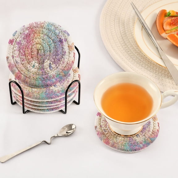 YAZAOO 6Pcs Drink Coasters With Holder 3.94Inch Colorful Tree and Butterflies Creative Coil Coaster Coasters Colors Absorbent Coasters for Drinks Coasters Set Thicken Heat for Home Table