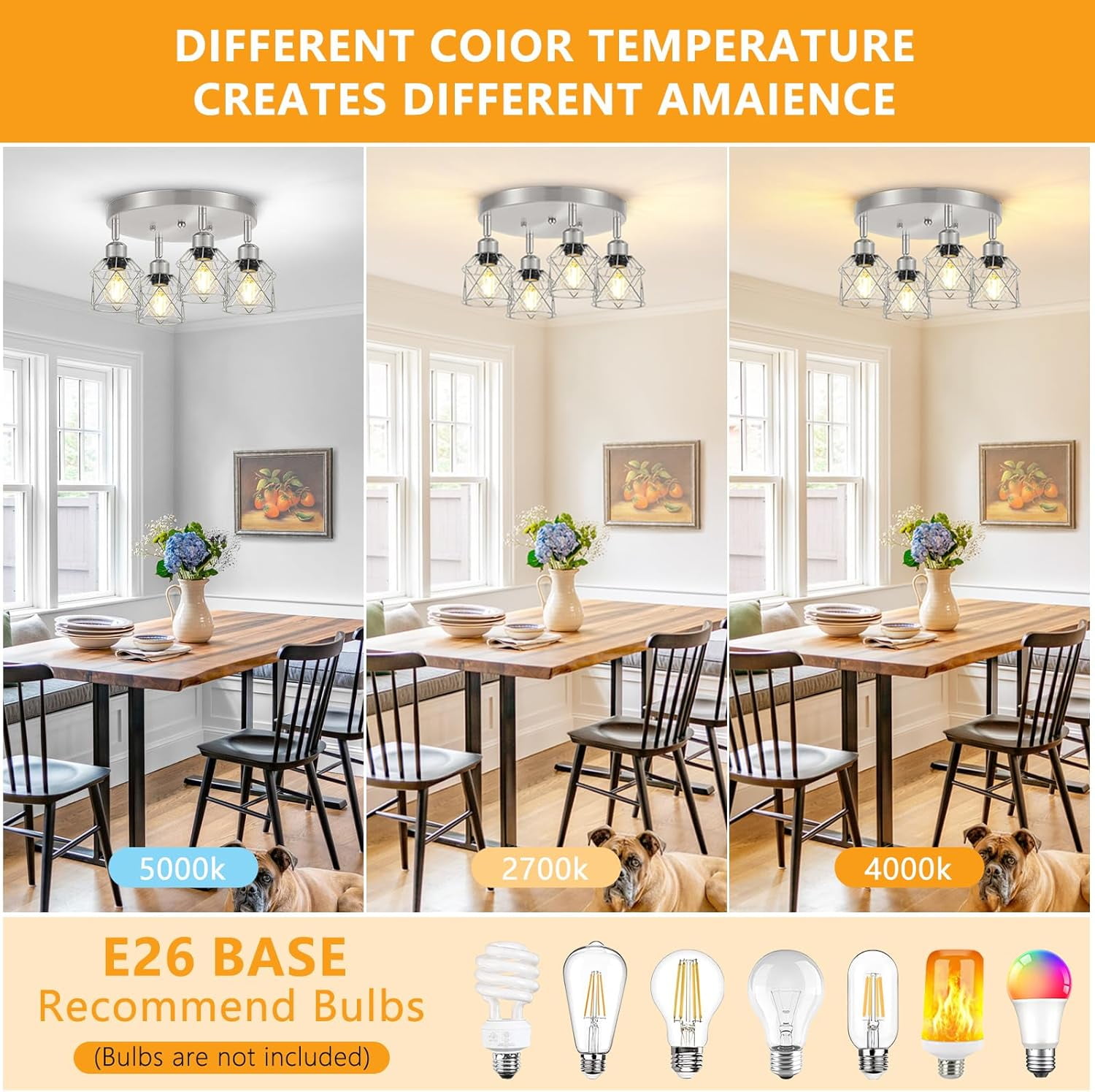 4-Light Brushed Nickel Kitchen Light Fixtures, Modern Hallway Light Fixtures Ceiling, Adjustable Multi-Directional Indoor Silver Metal Cage Close to Ceiling Lights for House Bedroom
