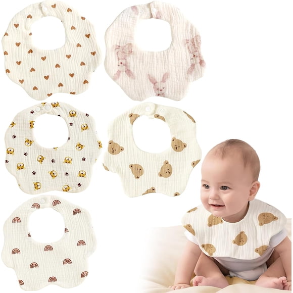 Babero Unisex, Baberos para Bebe Niña 5 Piezas, Baberos de Muselina para Niños y Niñas, Babero de Muselina para Babas de Bebé, Algodón Puro, Cómodo y Absorbente, Regalos para Bebe, Adecuado