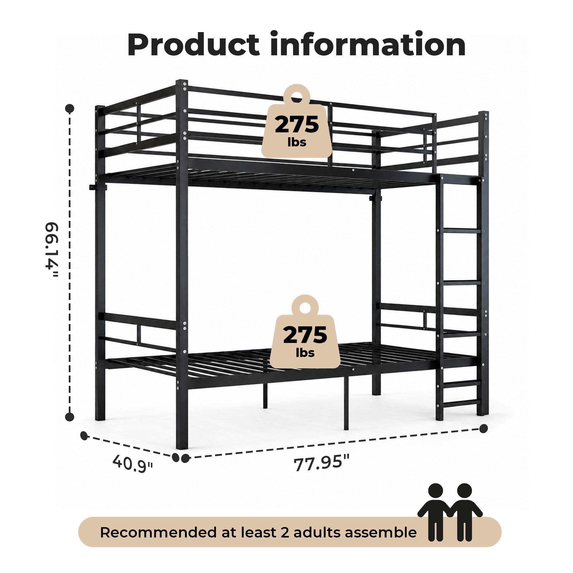Alvantor Bunk Bed Twin over Twin, Metal Bunk Bed for Kids with Ladder and Anti-tip Bracket Black