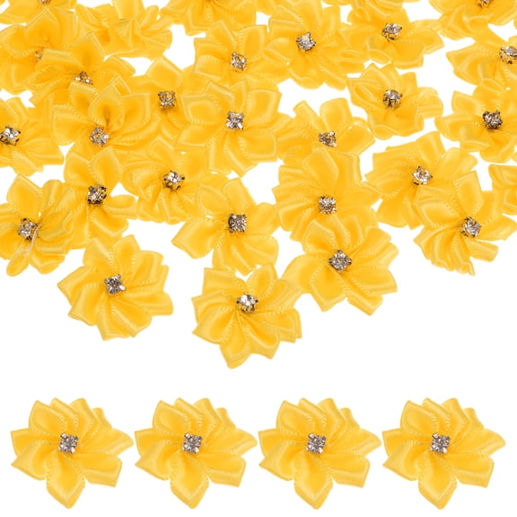Uxcell 100-Pack Satin Ribbon Flowers, 1.2 Inch Mini Fabric Flowers with Rhinestones for Crafts and DIY Projects Yellow
