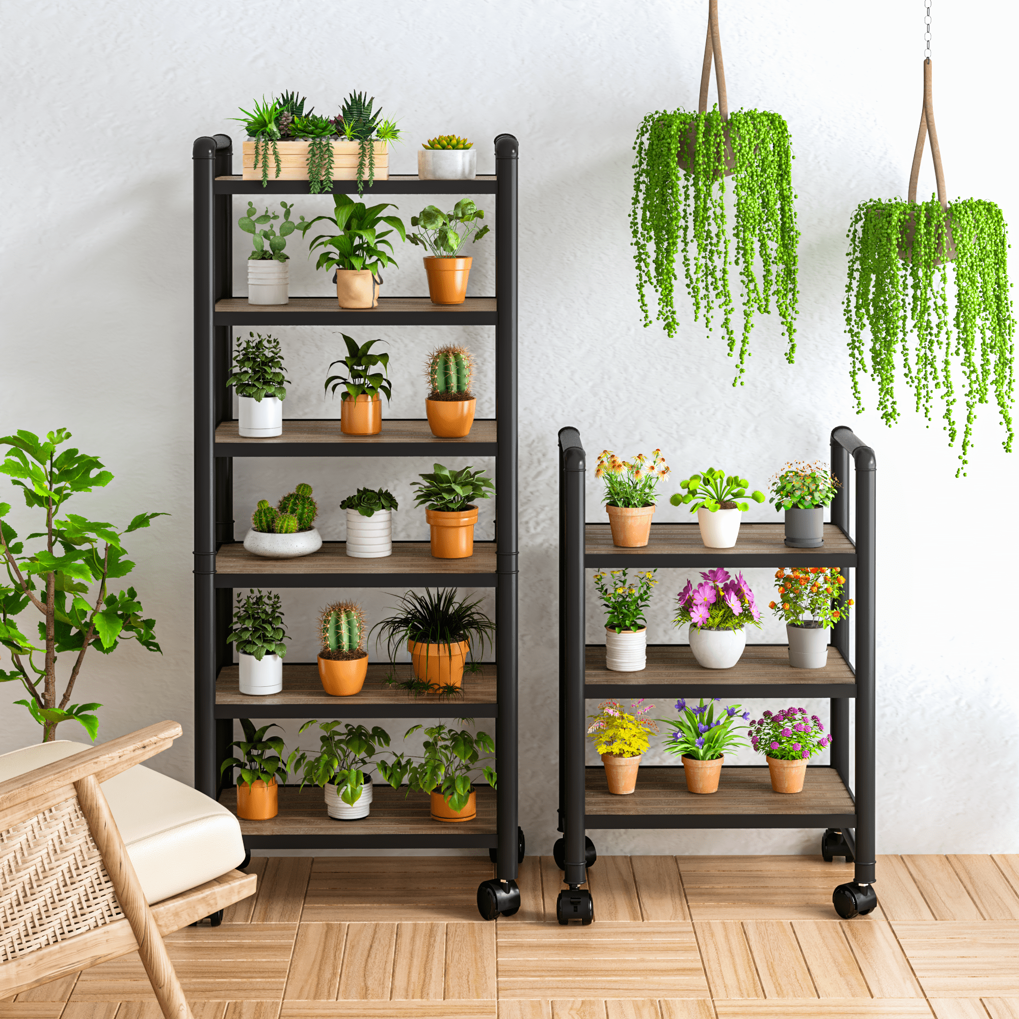 Baxluxe Adjustable 6-Tier Storage Shelves with Wheels, Narrow Tall Bathroom Shelves, Metal Frame Organizer Shelf with Wood Shelves for Kitchen, Garage, 12"Lx16"Wx63" H