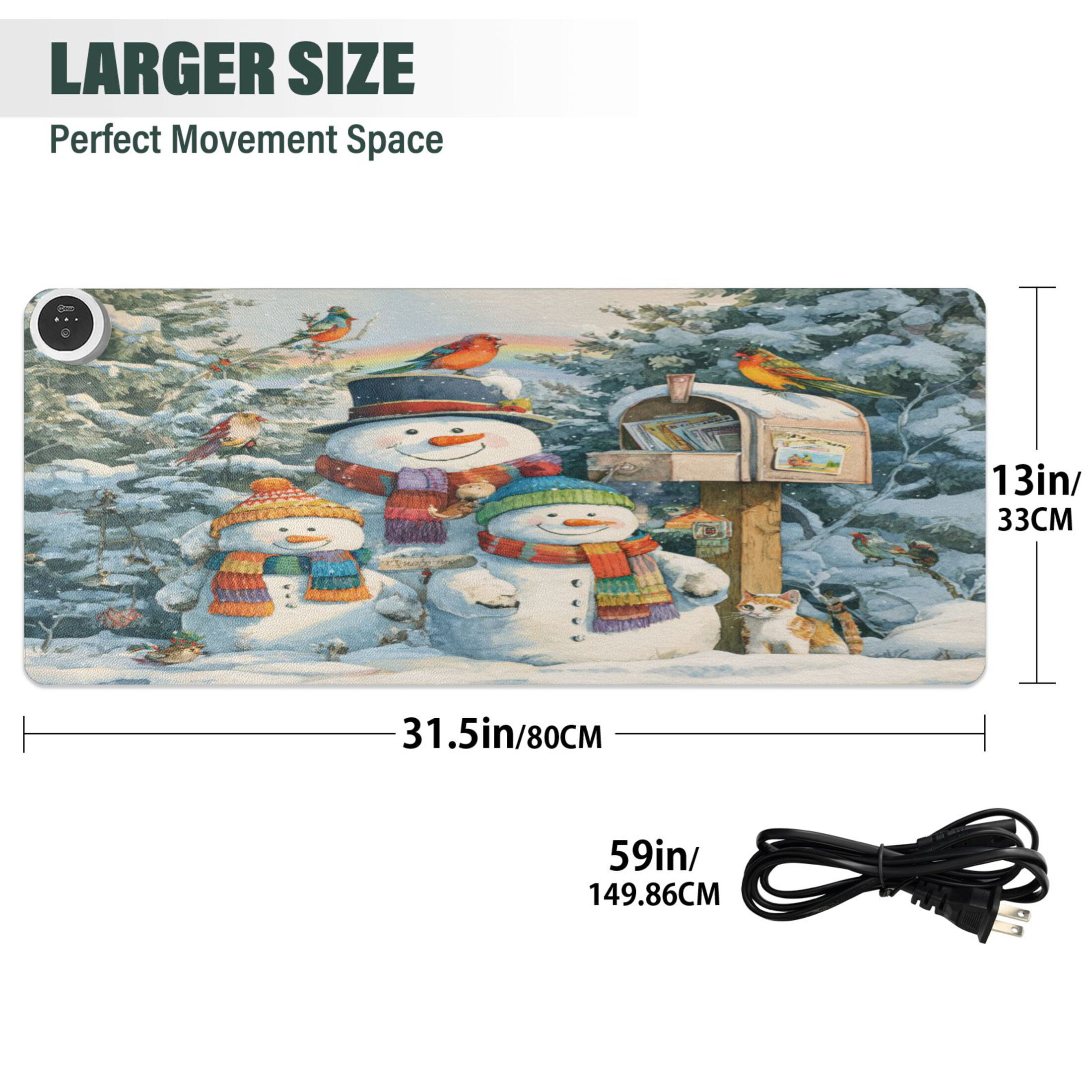Wobogo Snowman Family Heated Mouse Pad Extra-Large Desk Mat With 3 Heating Levels and 3-hour Auto Shut-Off Protection Ideal for Computer Keyboards Home Office Hand-warming Essential 31.5in × 13in