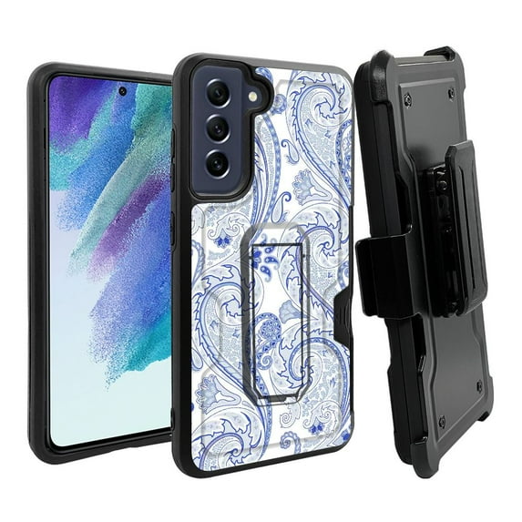 ANJ+ Rugged Dual Layer Hybrid Holster Kickstand Case w/ Card Slot + Tempered Glass Cover for Samsung Galaxy S21 FE 5G - Classic Tribal Paisley