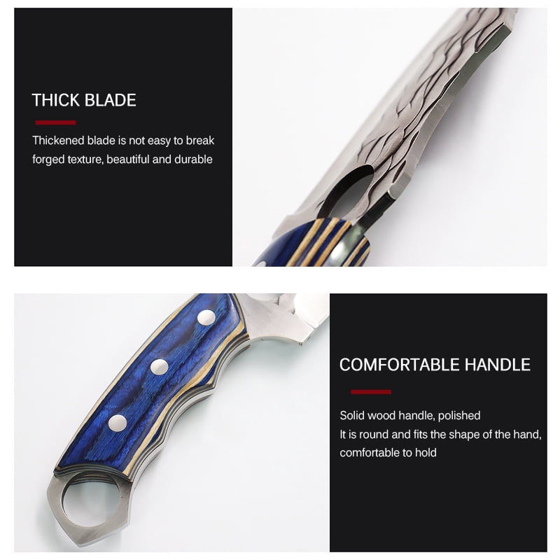 Hand Forged Outdoor Hunting Knife, Blue Wood Handle Survival Knife with Sheath, Full Tang Sharp Fixed Blade Knife for Camping Hiking Daily Use