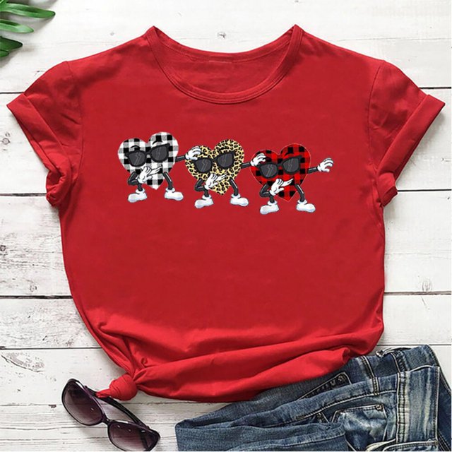Hauts d'Été Grande Taille pour Femmes Tendance Femmes Imprimé Léopard Amour Manches Courtes Col Rond T-shirt Ample Hauts T-shirt Col en V Femmes en Liquidation