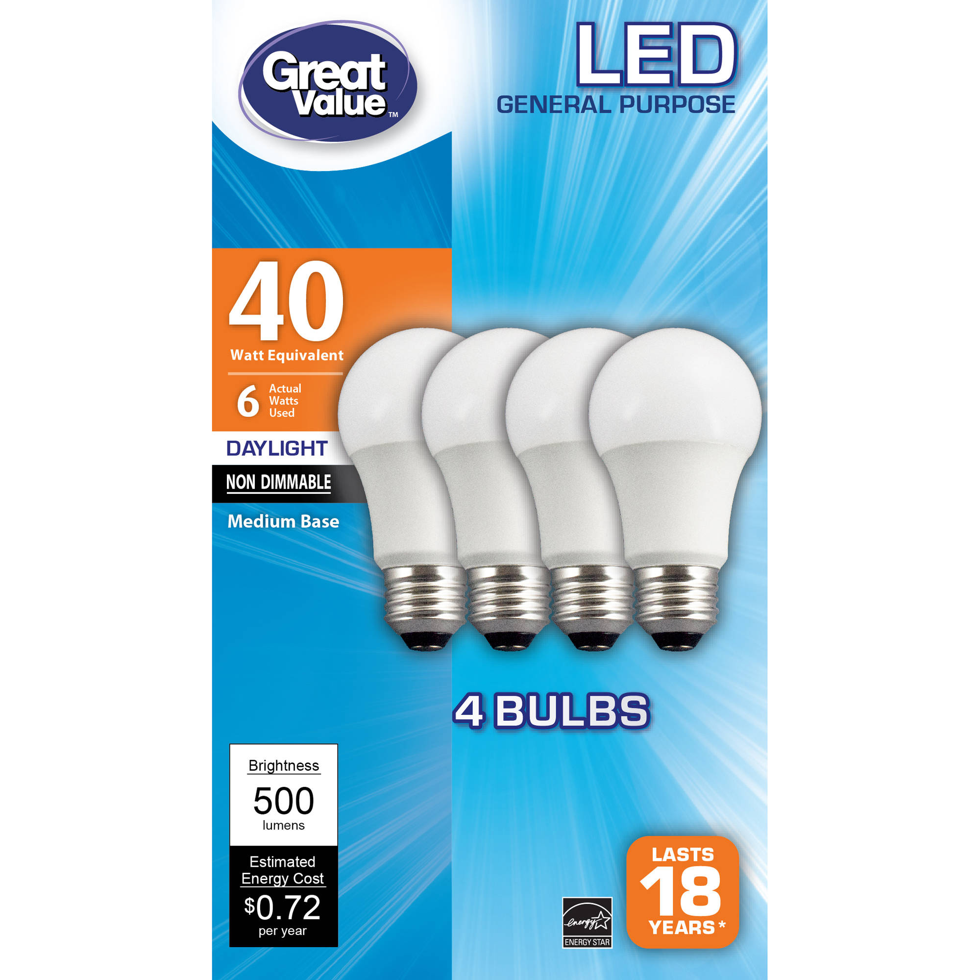 Great Value LED A19 (E26) Light Bulbs 6W (40W Equivalent), Daylight, 4Pack