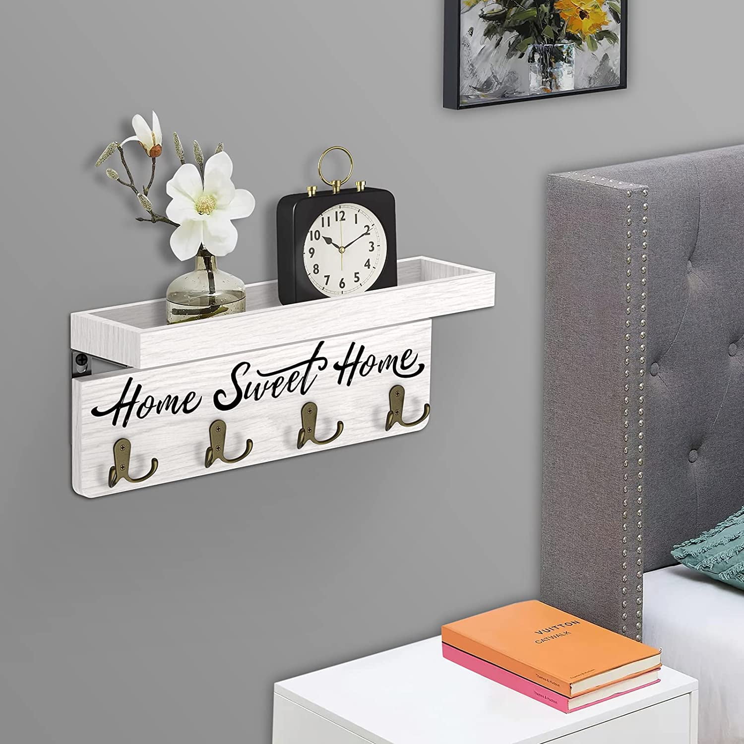 Key Holder for Wall, Dinosam Mail Organizer Wall Mount with Double 4 Key Hook and Mail Holder, Designer Key Rack Suitable for Entryway, Hallway, Bedroom, Living Room and Office，White