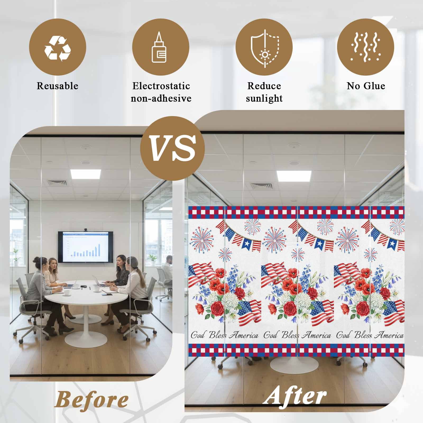 Independence Day Window Privacy Film, Red Blue USA Flag Floral Fireworks Frosted Glass Window Clings Static Cling UV Heat Blocking Reusable Door Sticker for Bathroom 23.6 x 78.7 Inch