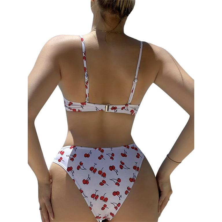 Women Cherry Print Bra Swimming Tops Swimwear Shorts Briefs Beach Bathing  Suit