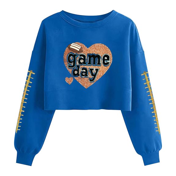 Gamivast Graphic Sweatshirts for Women Game Day Glitter Heart Football Crew Neck Long Sleeve Cropped Sweatshirts Pullover Tops Athletic Party Outfits