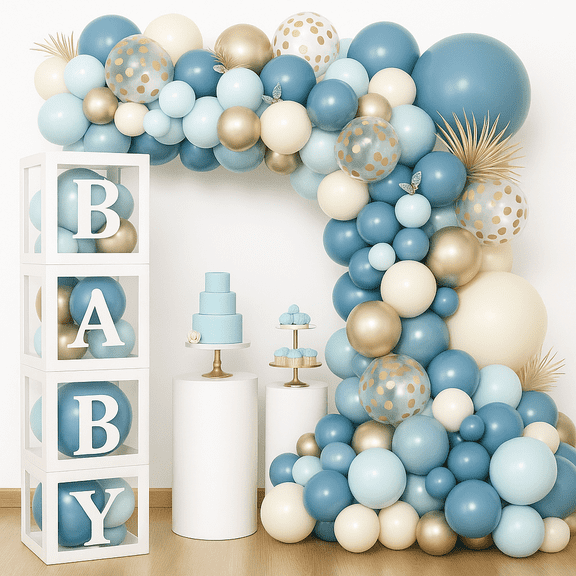 Dusty Blue Baby Shower Decorations Kit, 153 pcs Balloon Garland Set with Blue Balloons and Baby Boxes for Boy Baby Shower or Gender Reveal